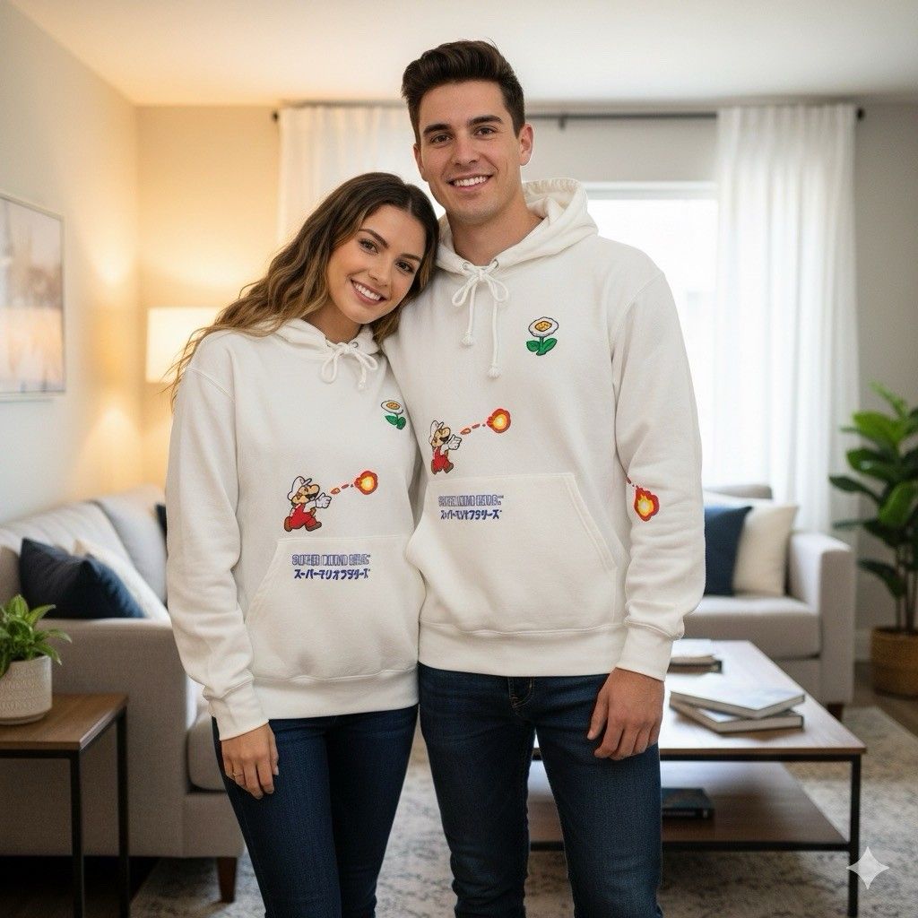 Champion X Super Mario Bros Fire Mario Fire Flower Hoodie Adult Sz M